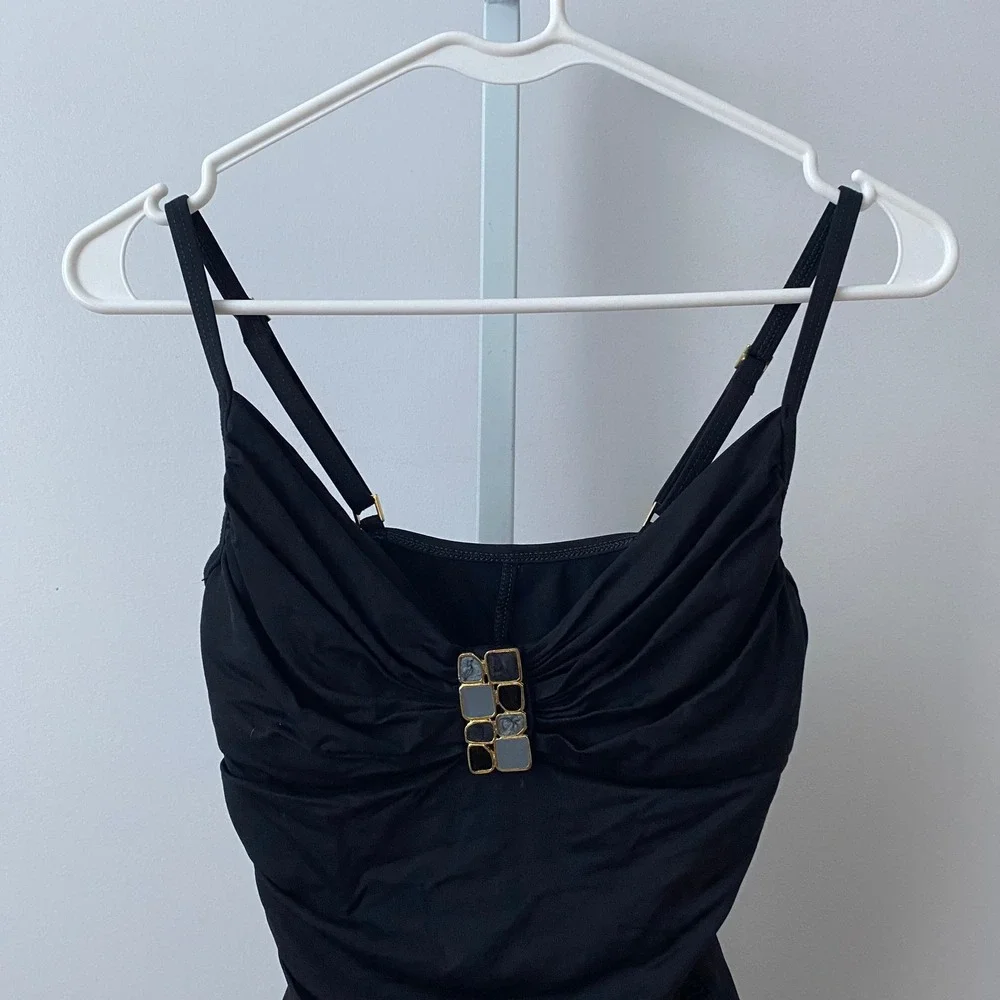 La Blanca Beachy MobWife Glam Ruched Embellished One Piece Swimsuit 6 Black